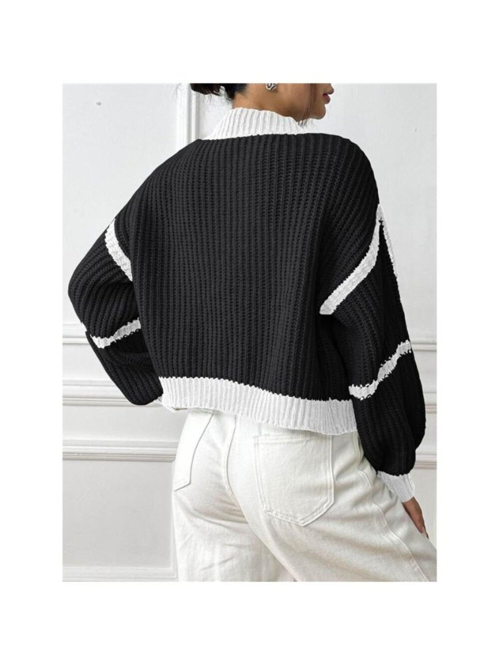 Color-Block Ribbed Knit Open-Front Cropped Cardigan - Picture 4 of 13